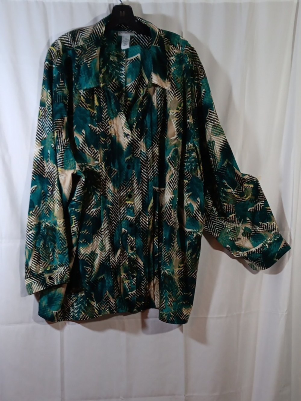 Catherines Womens 4X Button Up Top Teal Floral Shirt Roll Tab Sleeve 30/32W